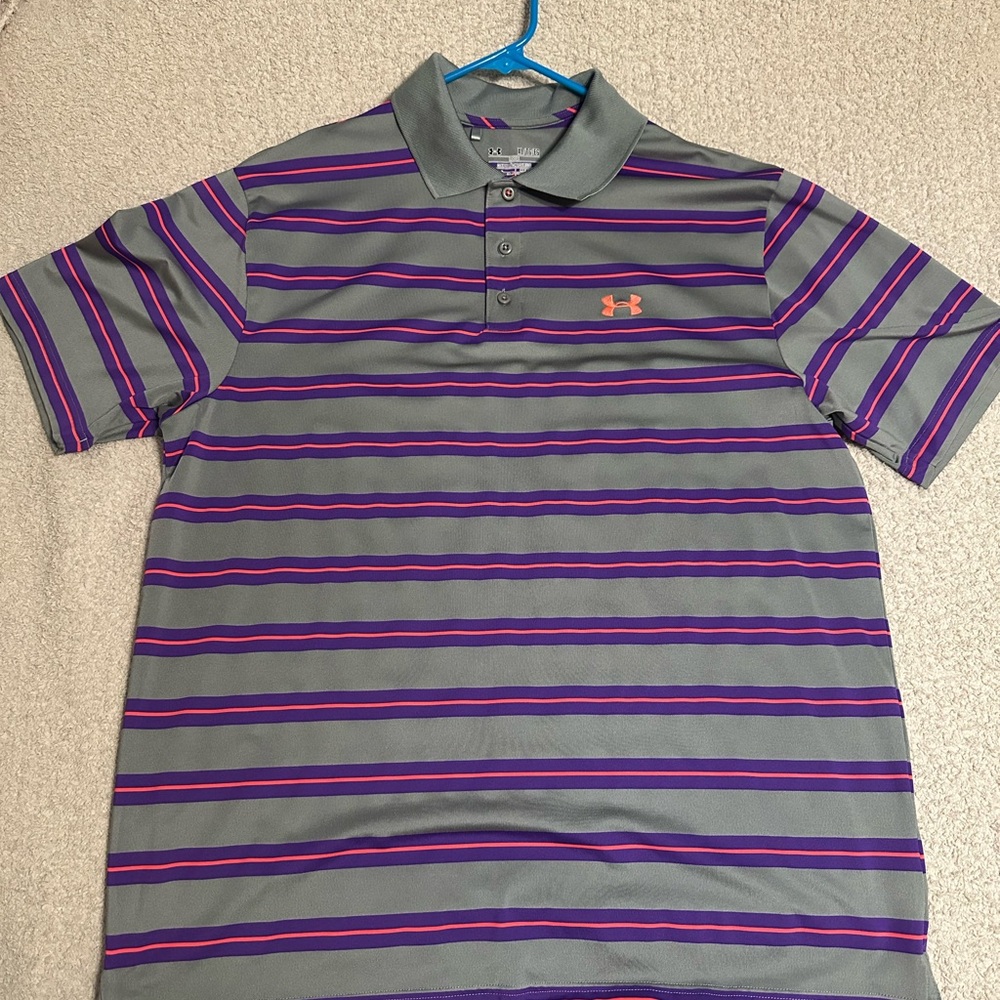 Under Armour Men's Gray and Purple Striped Polo Shirt